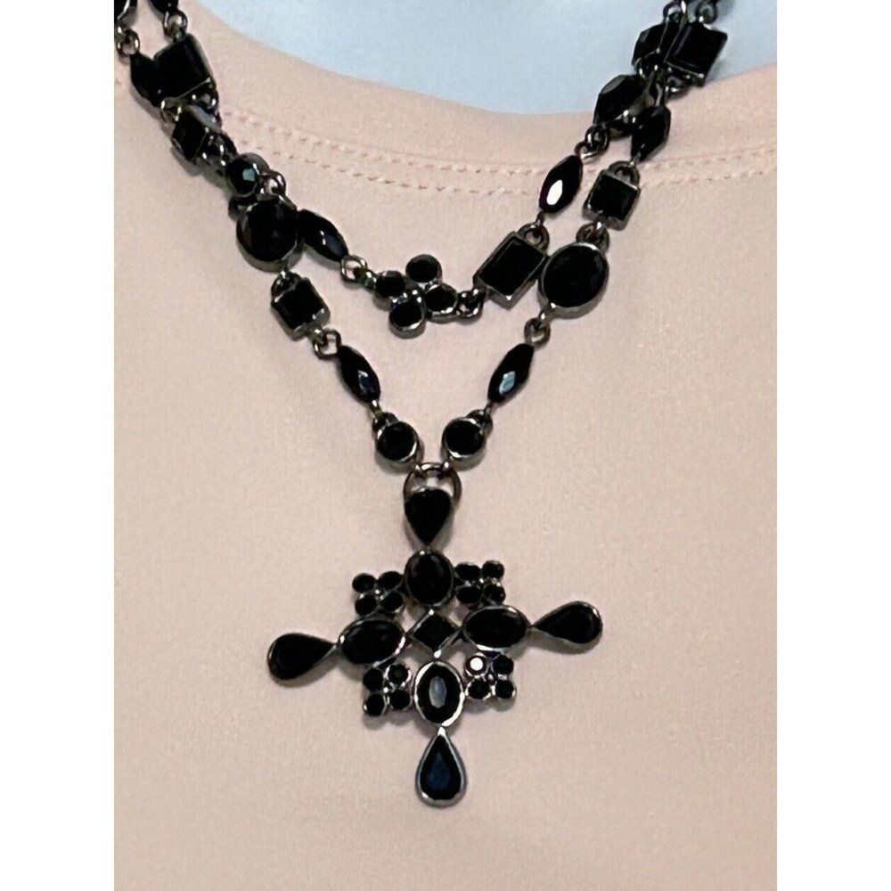 Anne Kline Black Necklace Cross Double Strand Glass Faceted Drilled Small Beads